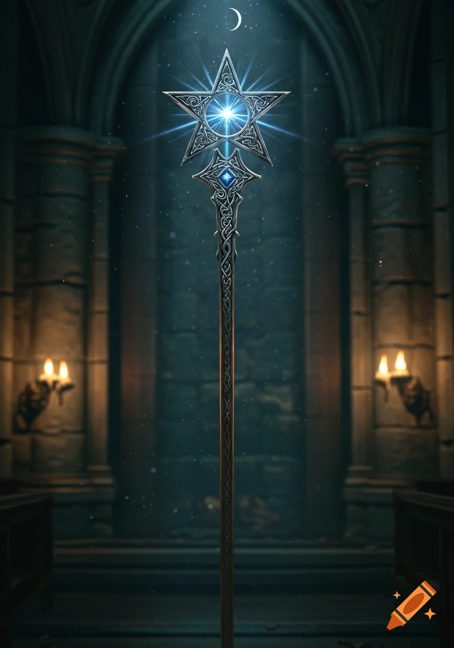An ornate magical staff with a glowing star on top, beneath a crescent moon, standing in a dark, vaulted church.