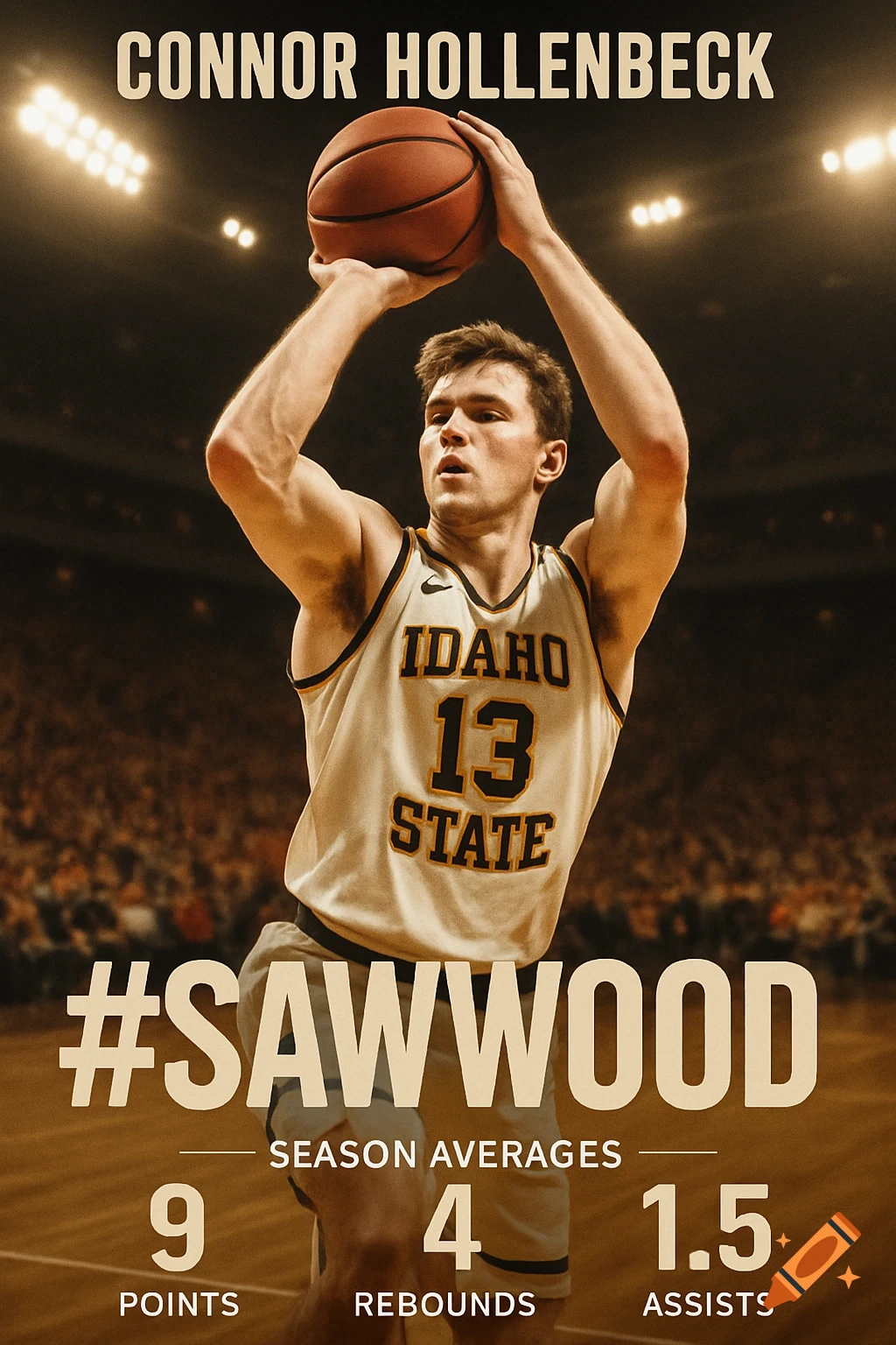 A male basketball player in an Idaho State jersey shoots a basketball, with text