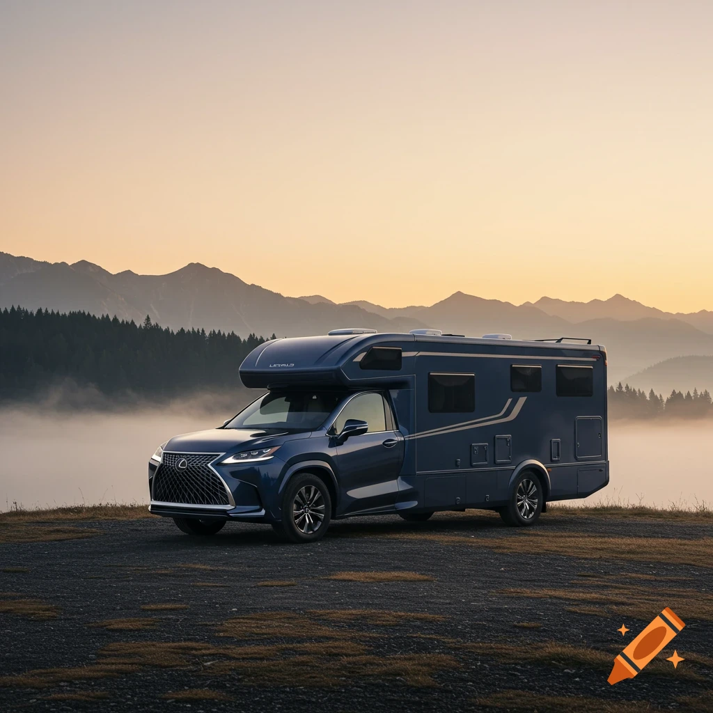A blue Lexus SUV converted into an RV is parked on a hill overlooking a foggy mountain range at sunset.