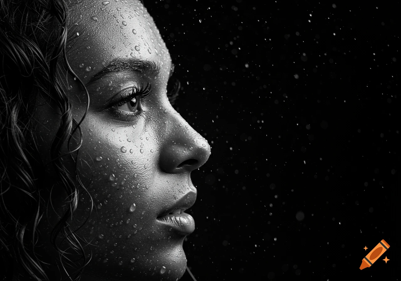 Close-up black and white portrait of a woman's face covered in water droplets, looking up and to the right against a dark background.