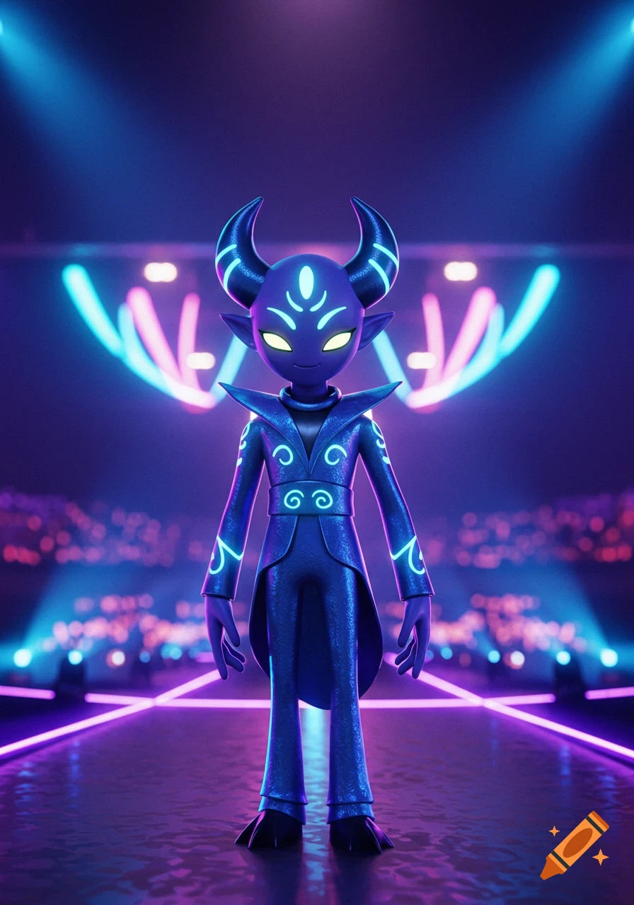 A stylized blue demon character with glowing horns and markings stands on a neon-lit stage.