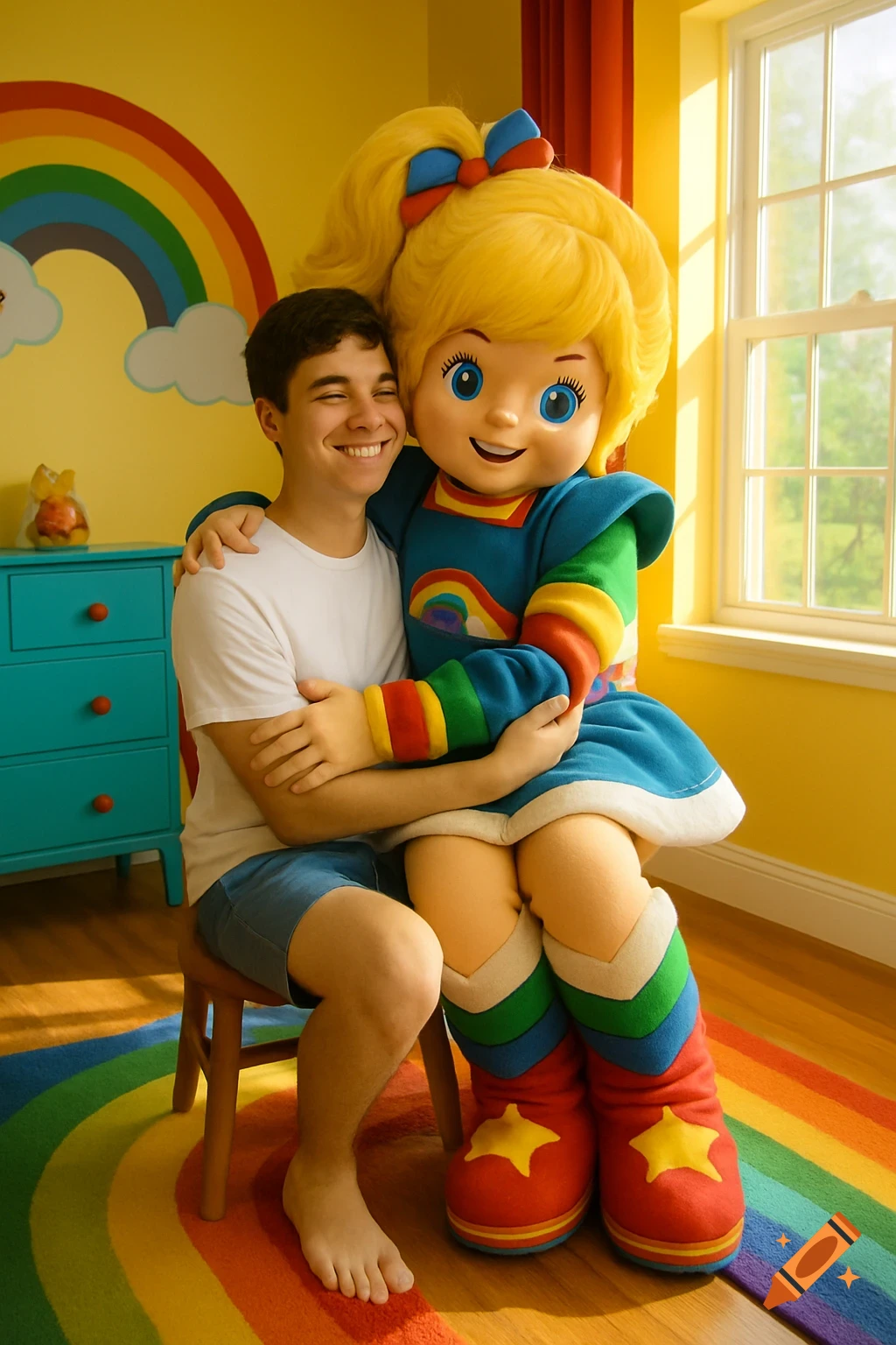 A smiling young man in a white t-shirt and blue shorts sits barefoot on the lap of a large Rainbow Brite mascot. They embrace in a bright, colorful room with a rainbow rug and wall decor.