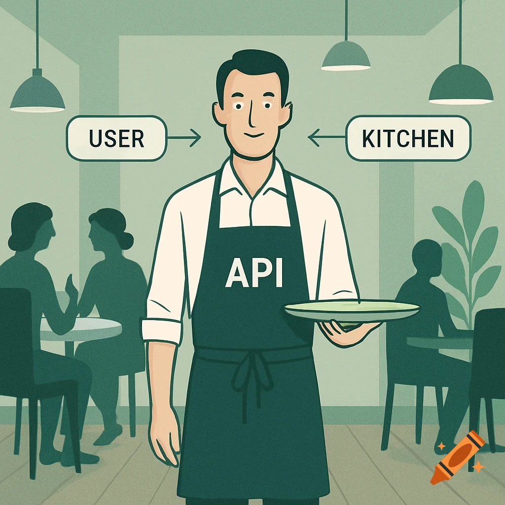 An illustration of a waiter labeled 'API' holding a tray, standing ...