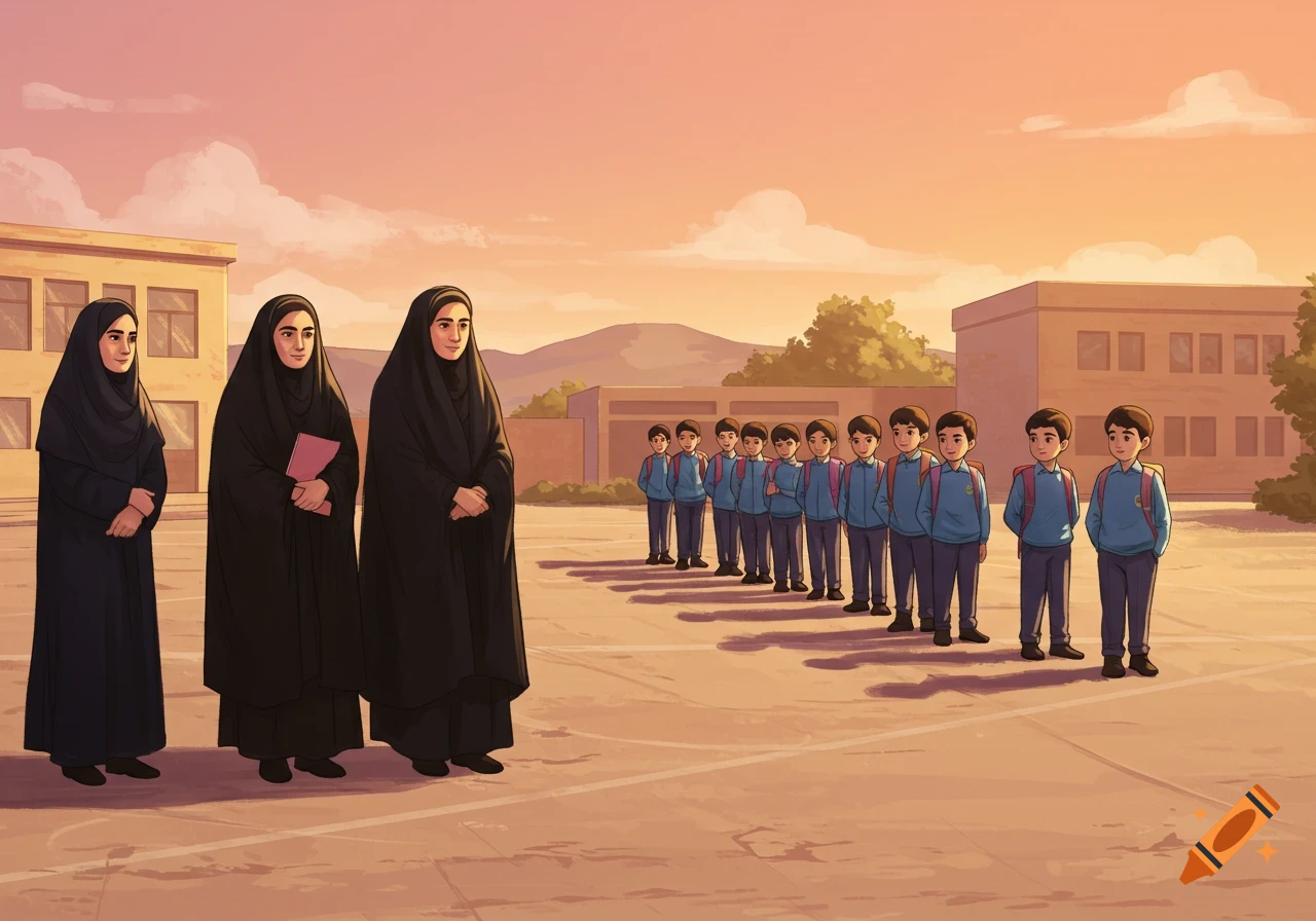 Digital illustration of three female teachers in black chadors standing in a schoolyard, kindly watching a line of young boys in blue uniforms on the first day of school under a warm, golden sky.