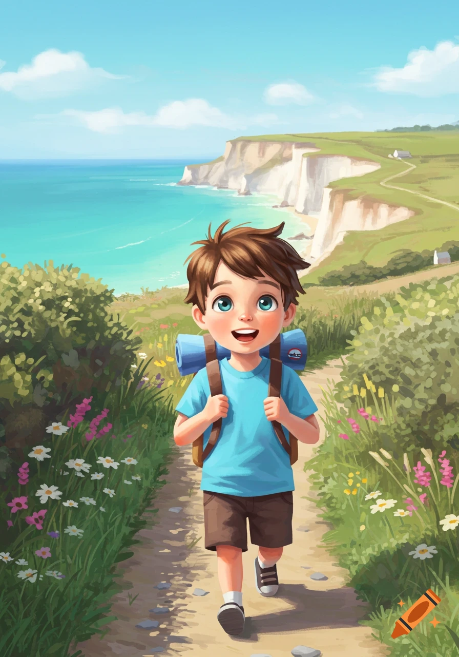 A smiling cartoon boy with a backpack walks on a path by cliffs overlooking a blue ocean on a sunny day.