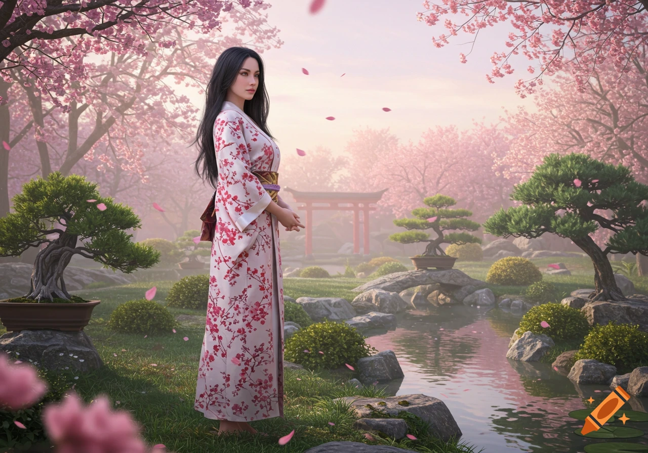 A woman in a white kimono with red cherry blossoms stands in a Japanese garden with pink cherry trees and a pond.
