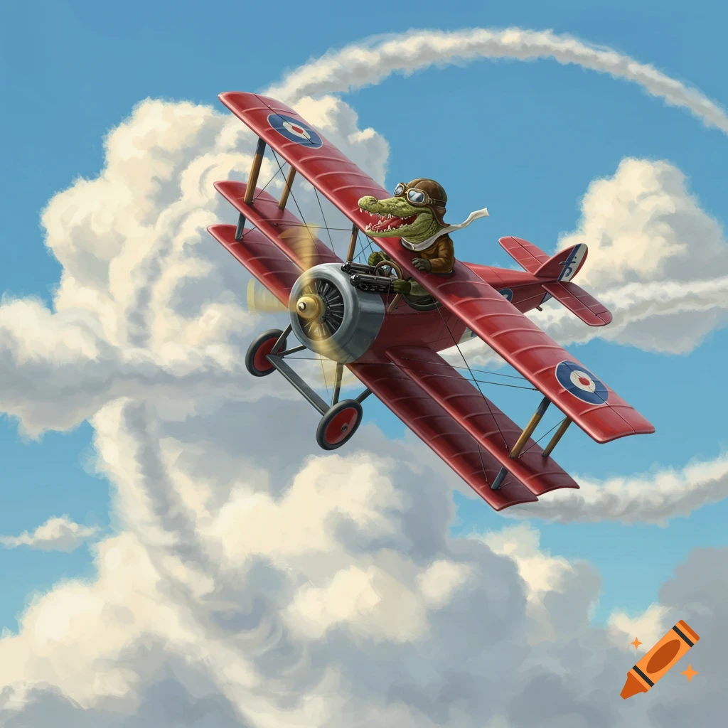 Cartoon alligator in pilot gear flying a red triplane upside down through clouds.