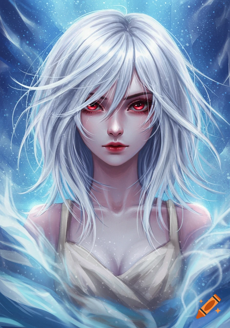 Anime-style portrait of a young woman with long white hair and glowing red eyes, surrounded by blue, ethereal waves.