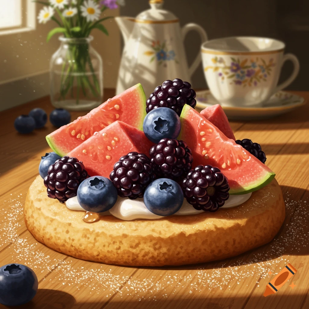 A photorealistic close-up of a sugar cookie topped with sliced guava, blackberries, and blueberries on a wooden table, with a tea set in the background.