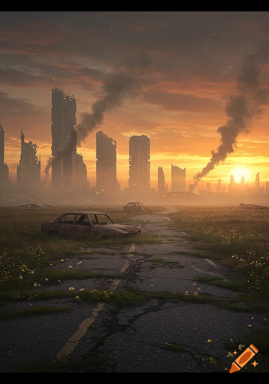 Ruined skyscrapers and an overgrown cracked road with abandoned cars under a smoky orange sunset sky, post-apocalyptic scene.