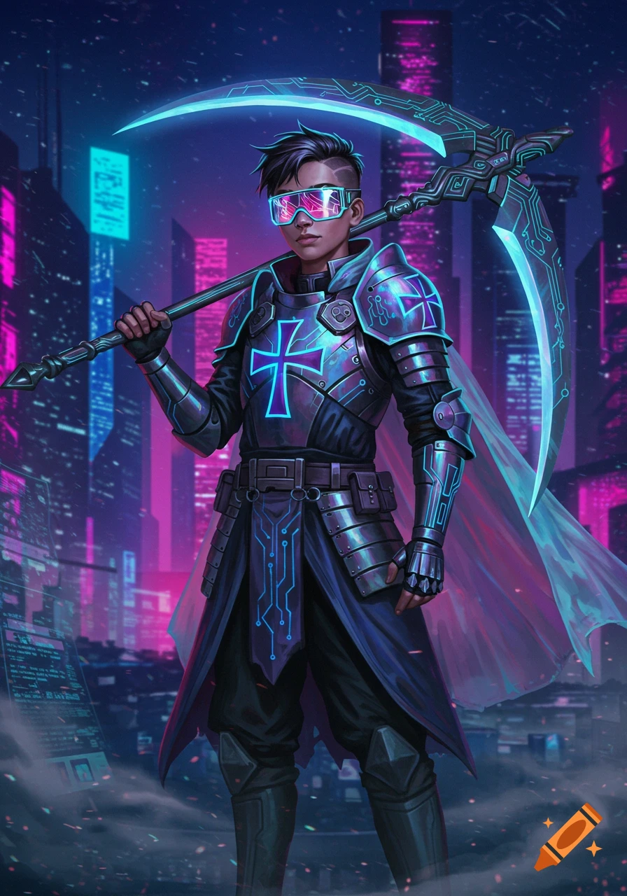 A cyberpunk templar teenager in glowing armor and goggles holds a glowing scythe in a neon city.