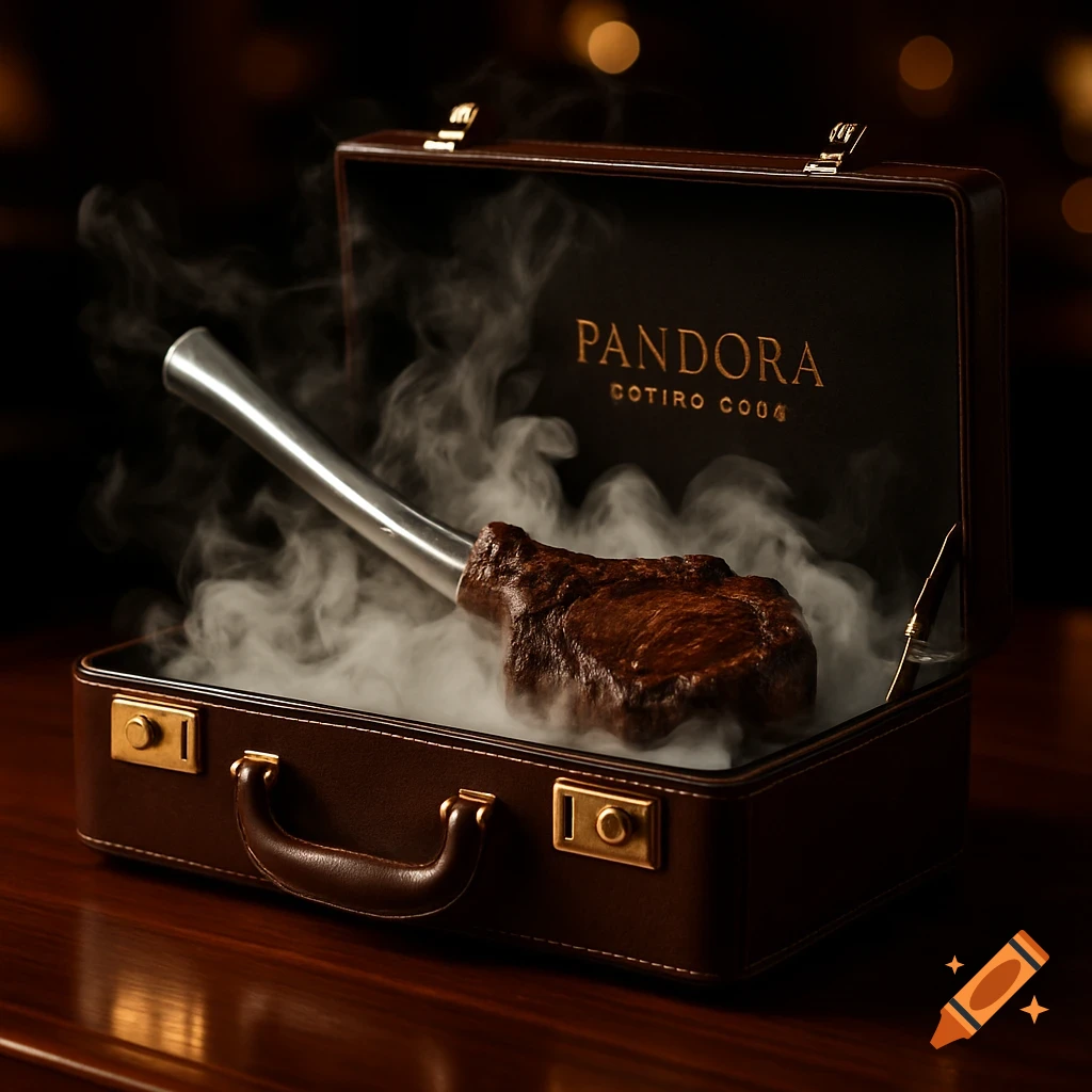Photorealistic image of a tomahawk steak steaming inside an open brown leather briefcase with a golden logo.