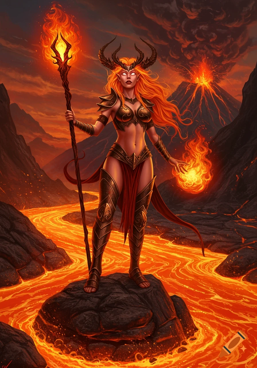 A powerful goddess with flaming red hair and glowing white eyes stands on a rock in a river of lava, holding a fiery staff and a fireball.
