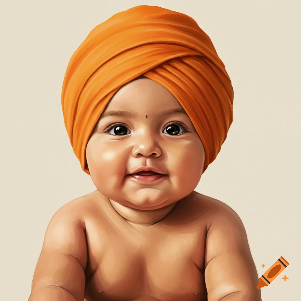Close-up portrait of a smiling baby wearing an orange turban against a plain background.