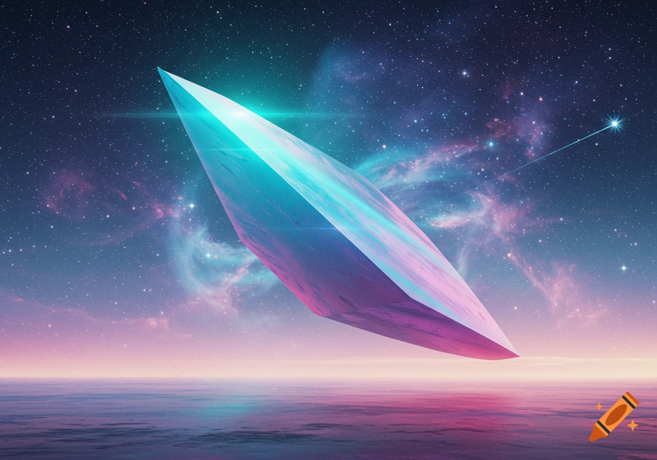 A large glowing crystal or geometric shape floats over calm water under a vibrant starry sky with nebulae.