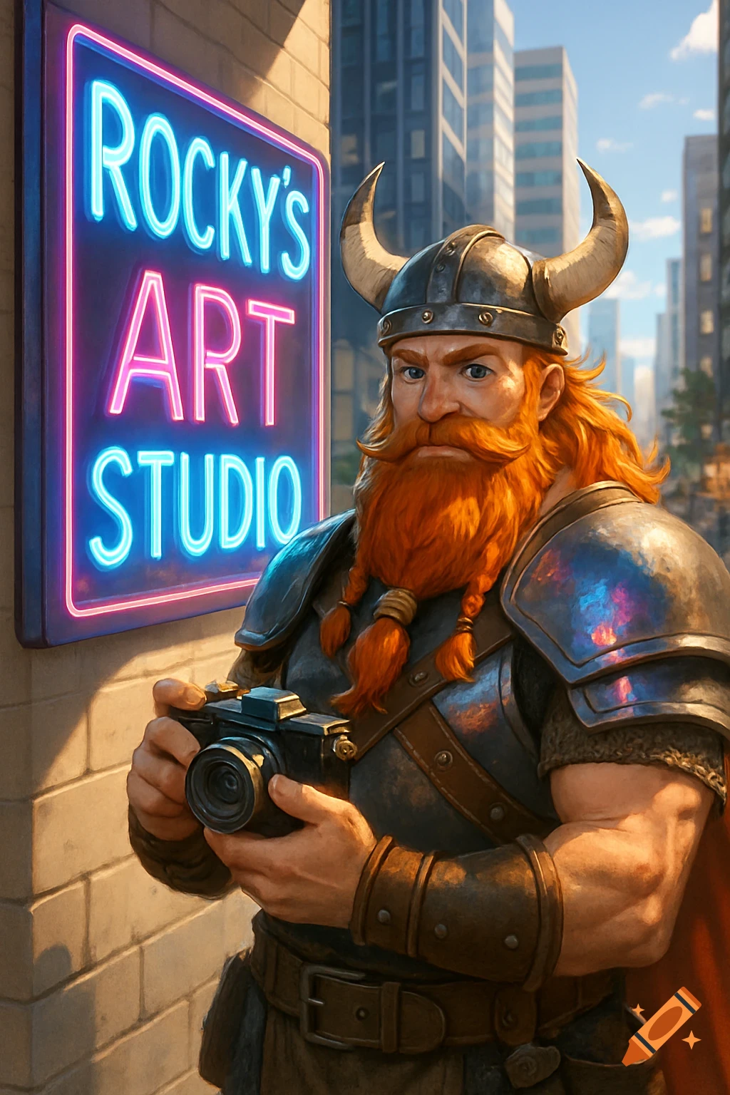 A muscular man with a red beard and Viking helmet holds a camera next to a neon sign that reads "Rocky's Art Studio" in a city setting.