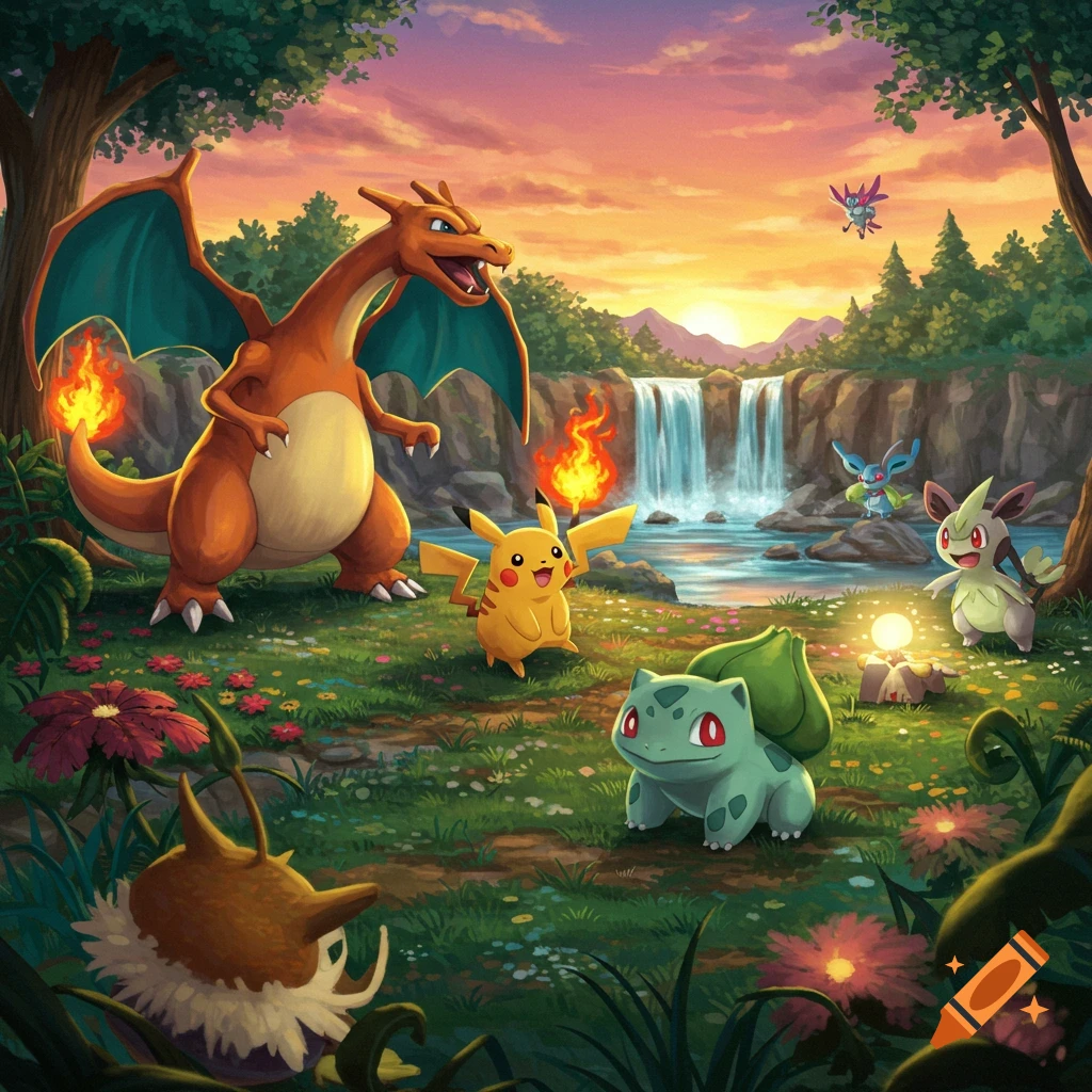A vibrant illustration of Charizard, Pikachu, Bulbasaur, and other Pokemon in a forest clearing with a waterfall and sunset.