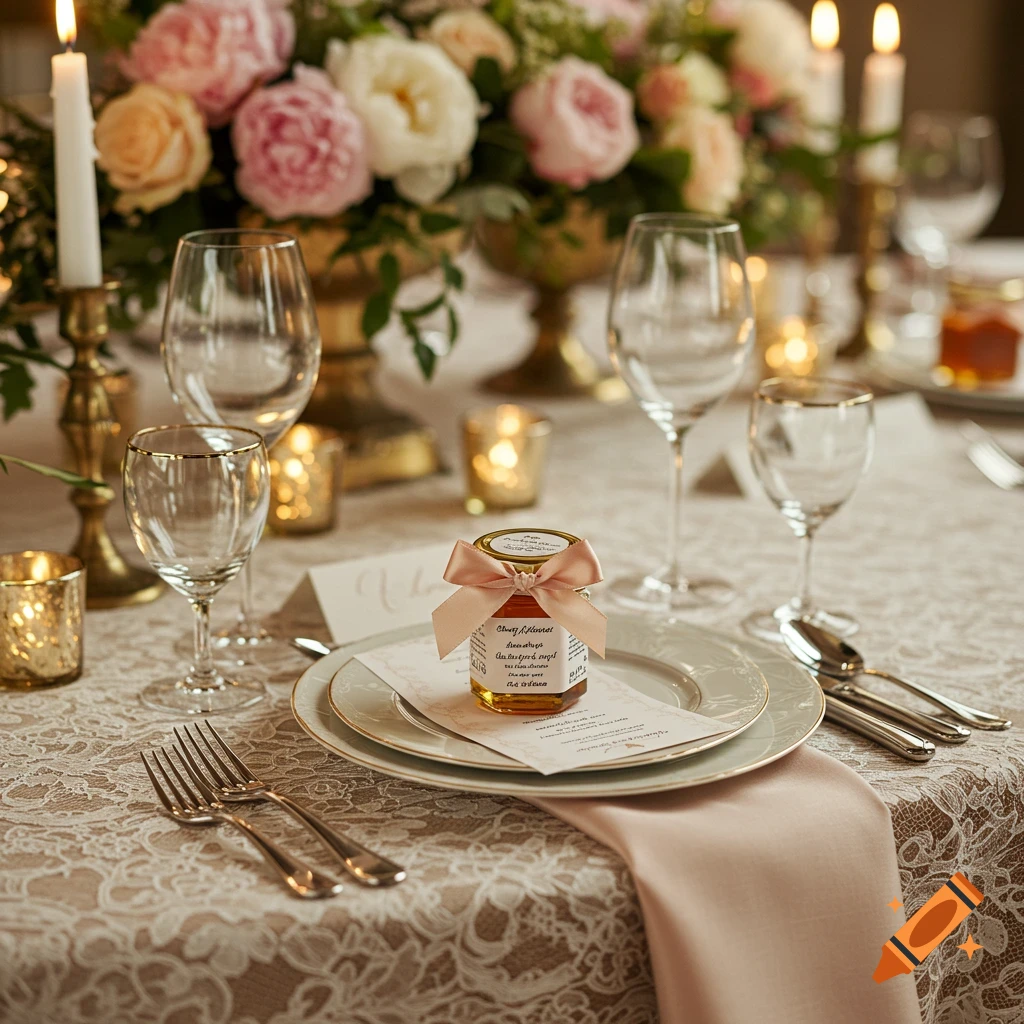 A wedding favor jar with a pink bow sits on a lace tablecloth at a fancy dinner table with flowers and candles.