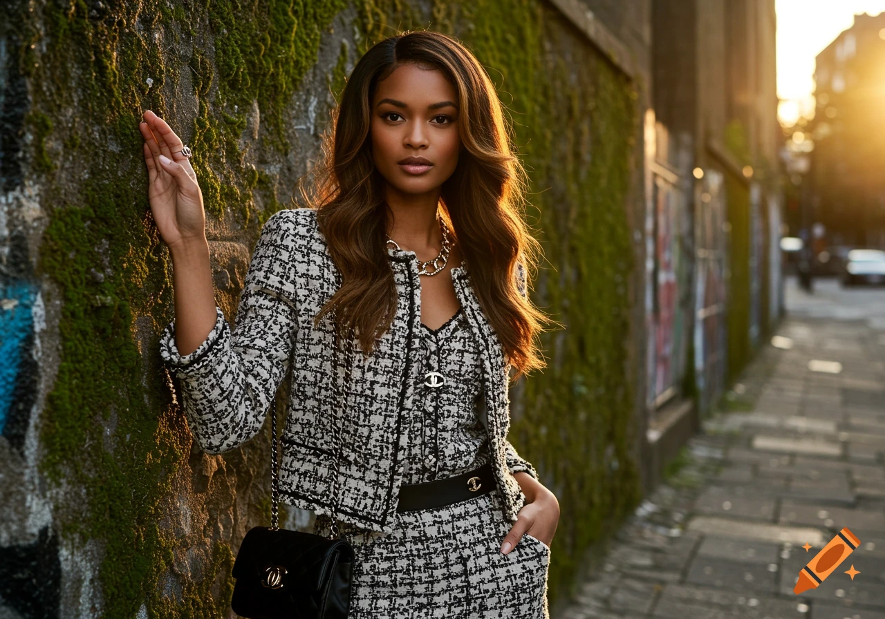 A beautiful woman in a Chanel outfit poses against a mossy wall at sunset in a street photography style.