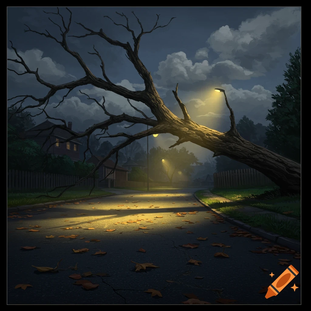 A large, dead tree with bare branches has fallen across a dark, paved residential street at night, illuminated by streetlights. Autumn leaves scatter the road.