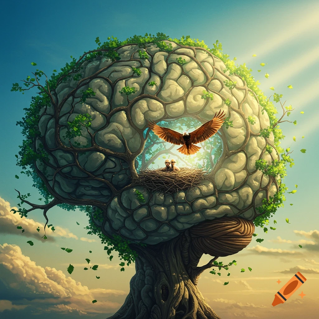 A fantastical tree shaped like a human brain with an eagle flying from a nest containing two chicks, set against a bright sky.