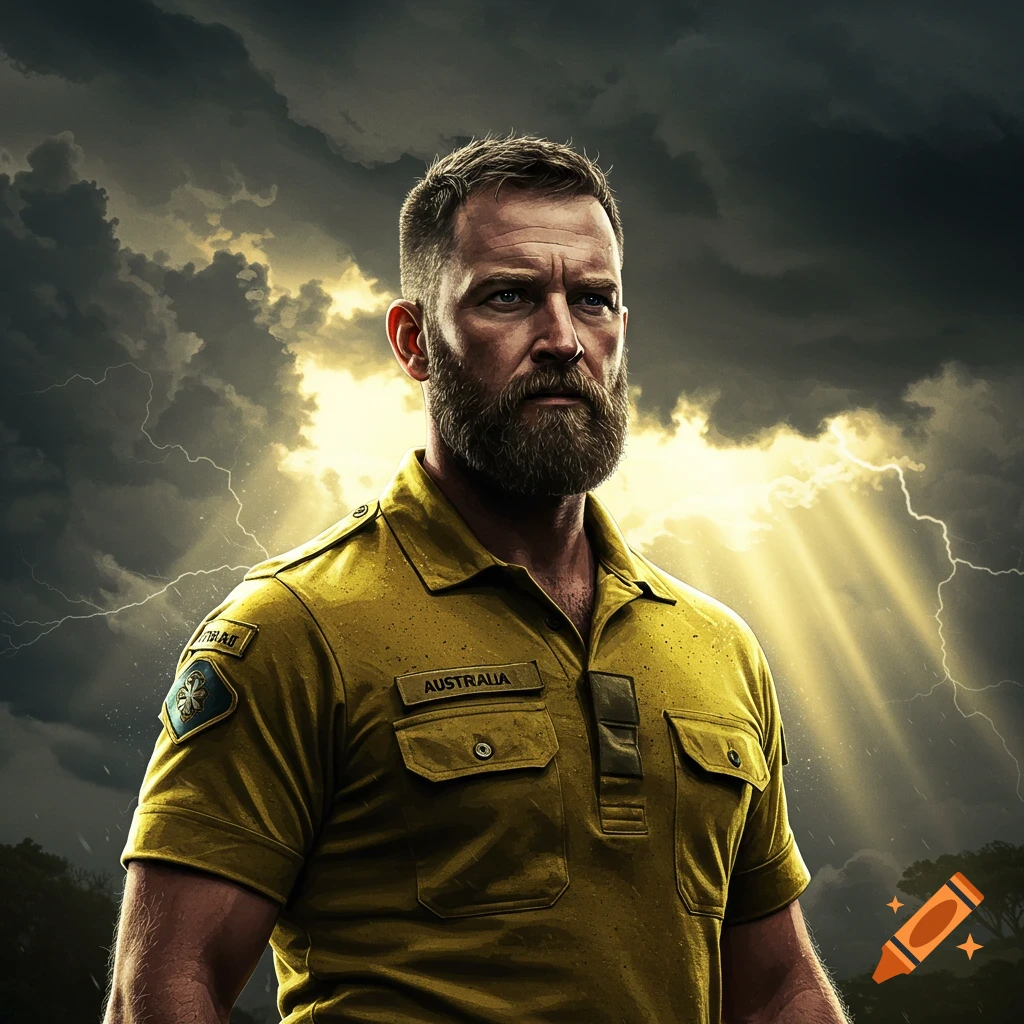 A bearded Australian army veteran in a yellow polo shirt stands against a stormy sky with lightning and light rays.