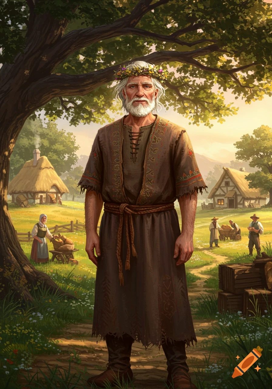 Digital painting of an old, bearded man with a leafy crown and brown tunic standing in a sunny, rural village with thatched houses.