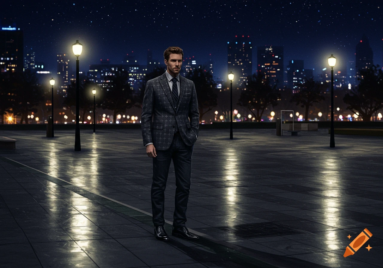 A man in a dark plaid suit and jeans stands in a city square at night, illuminated by streetlights with city skyline in background.