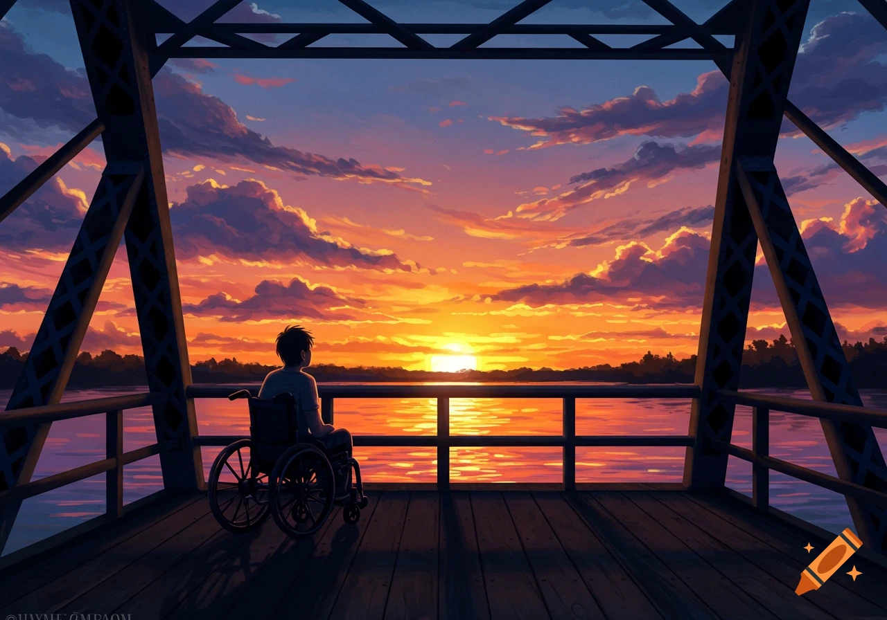 An anime-style illustration of a young man in a wheelchair on a bridge, watching a vibrant sunset over water.