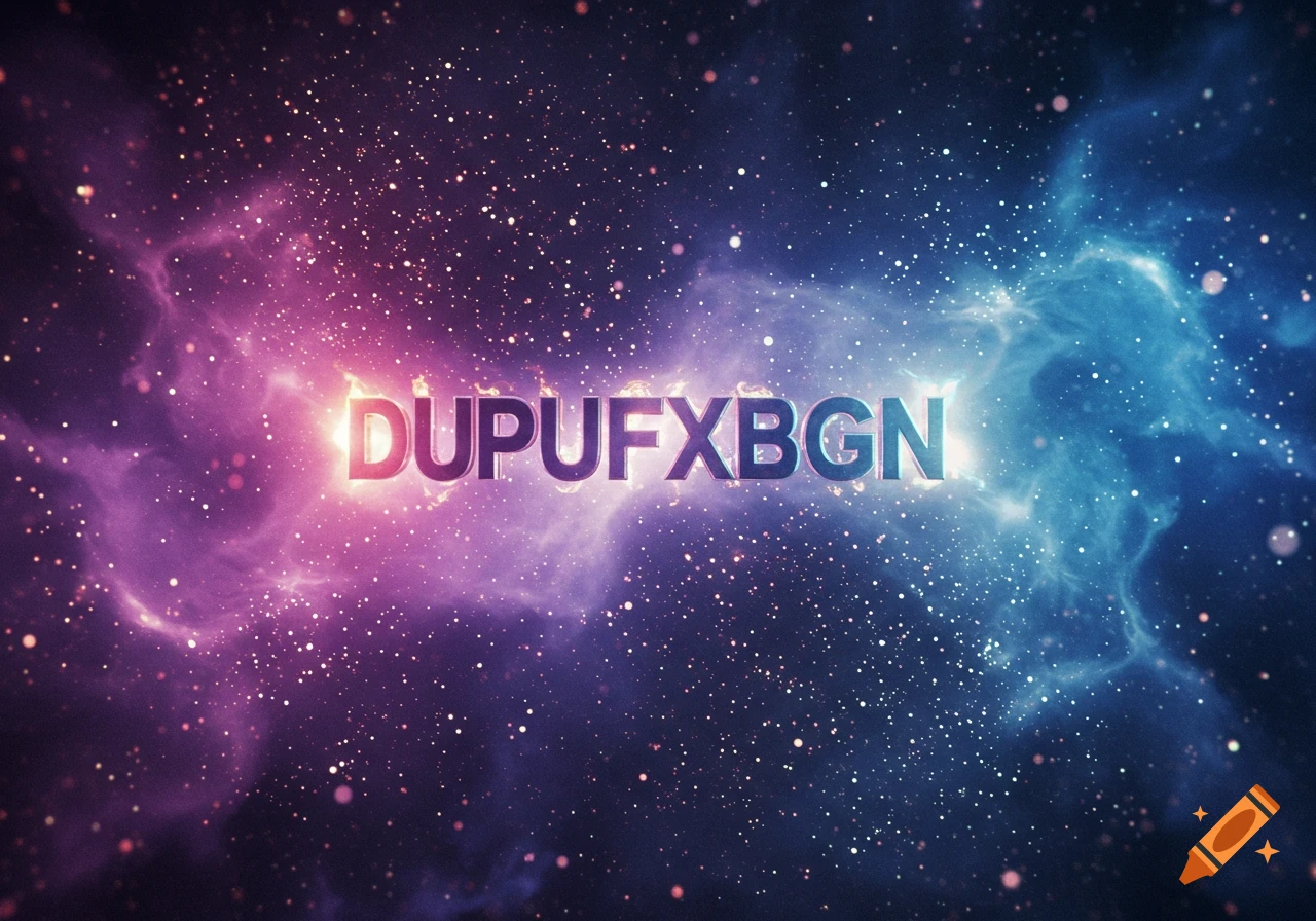 A colorful nebula in space with numerous stars and the glowing text DUPUFXBGN in the center.