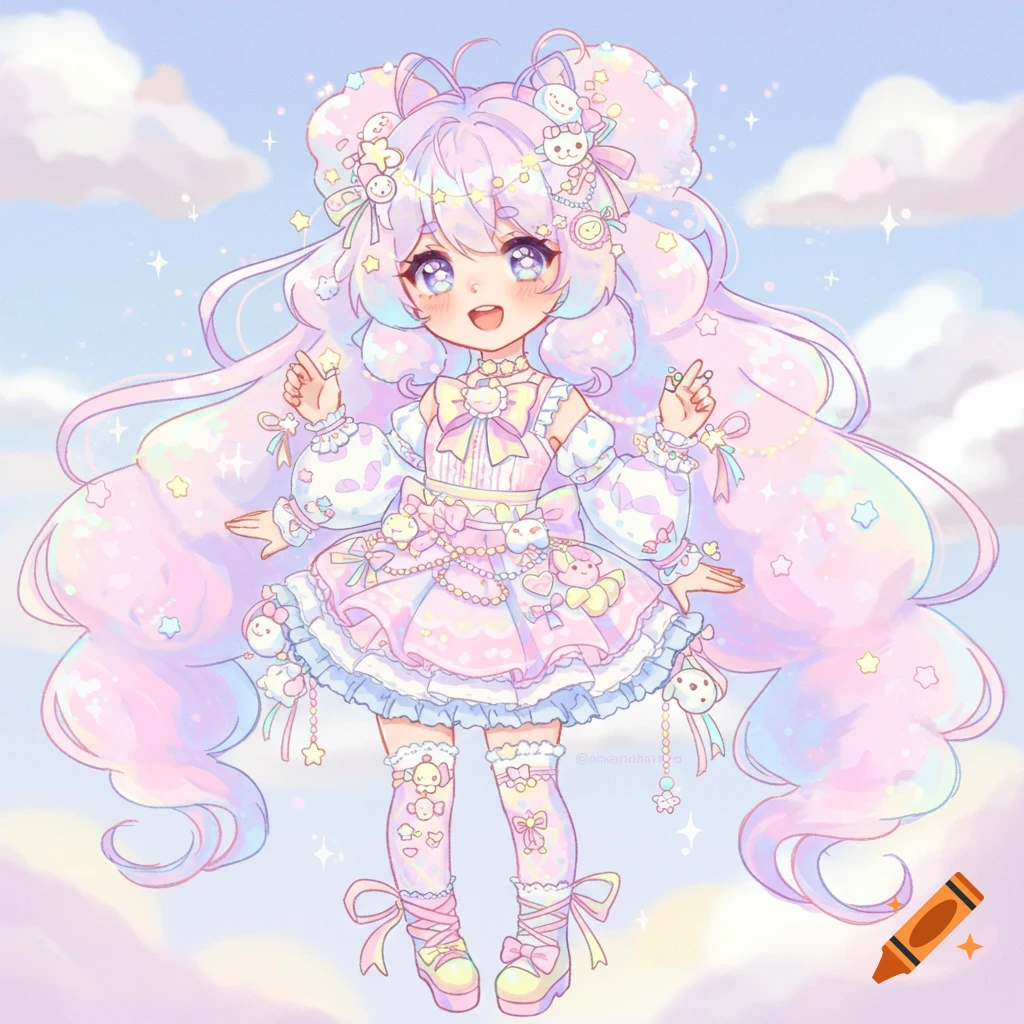 Cute anime girl with long pastel rainbow hair, pink ruffled dress, and many accessories, floating among clouds and stars.