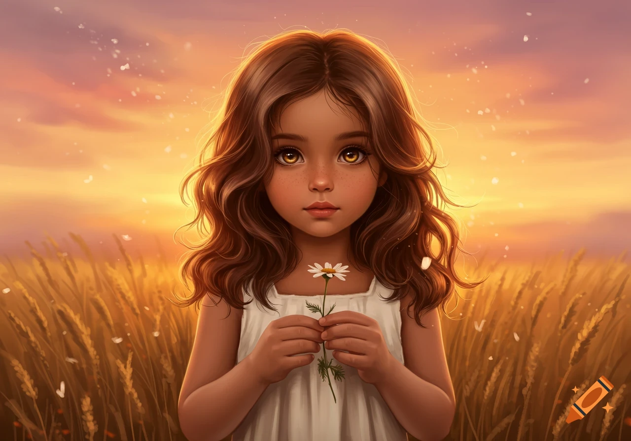 A stylized portrait of a young girl with brown curly hair and big golden eyes holding a daisy in a golden field at sunset.