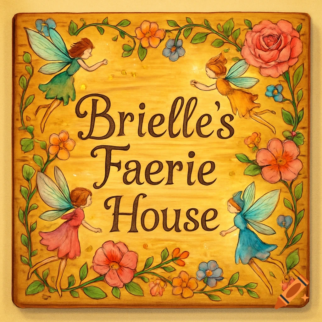 A wooden sign with 'Brielle's Faerie House' written in script, surrounded by whimsical flying fairies and colorful flowers.