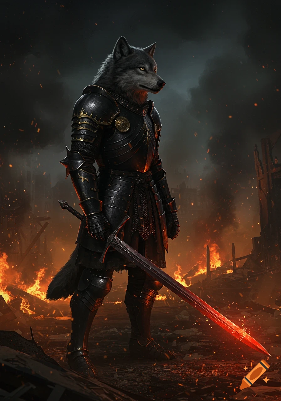 A wolf-headed knight in black and gold armor stands with a glowing red sword amidst a destroyed, burning city at night.