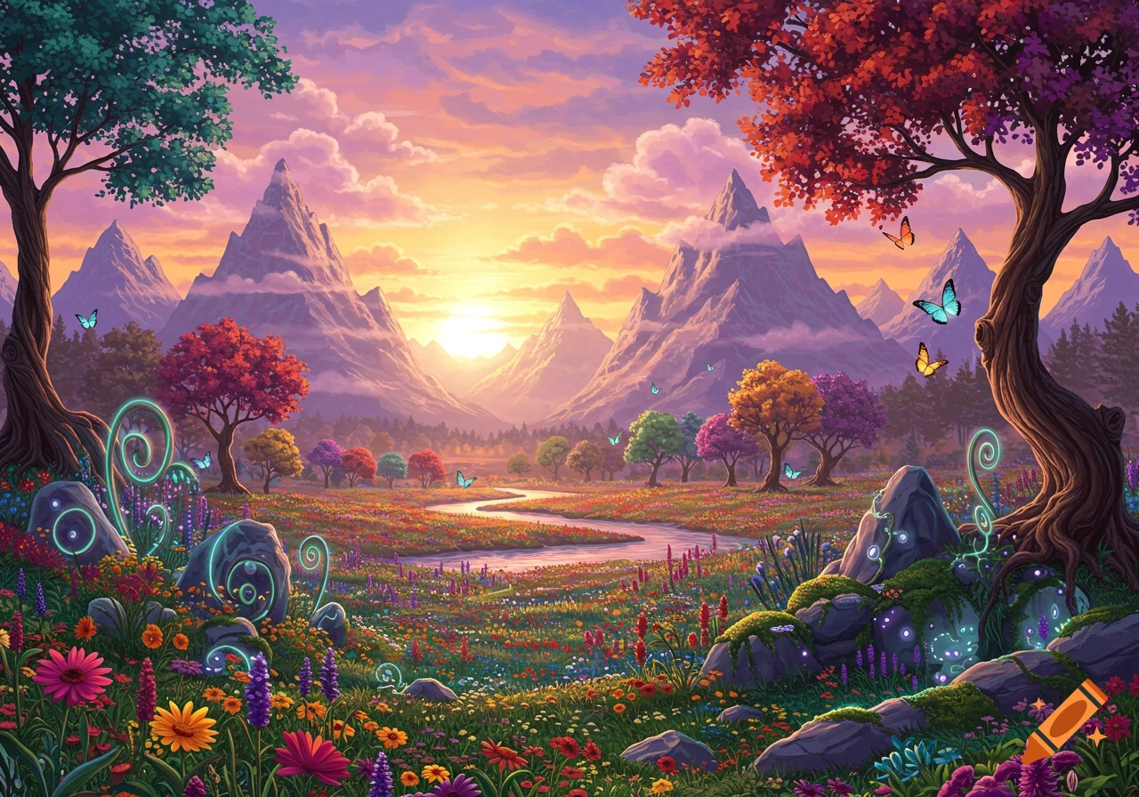A vibrant, colorful fantasy landscape at sunset with towering mountains, a winding river, and glowing flowers in the foreground.