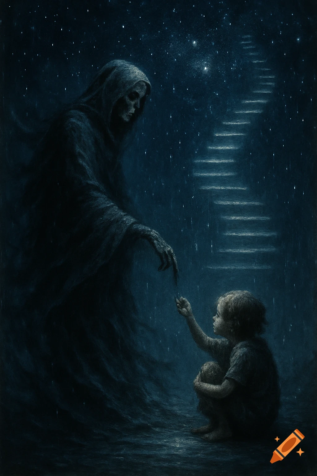 A skeletal cloaked figure extends a hand to a small child on a dark, starry night, with an ethereal staircase leading upwards.
