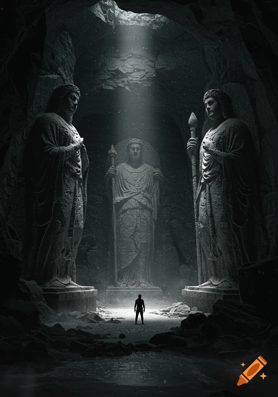 A lone figure stands in a dark cave illuminated by a beam of light from above, surrounded by colossal ancient stone statues.