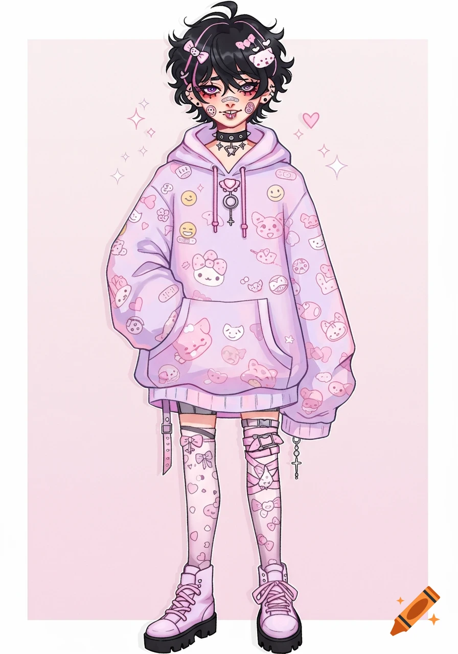 Anime-style illustration of a person with black curly hair wearing a pastel purple hoodie with cute patterns, patterned socks, and pink boots.