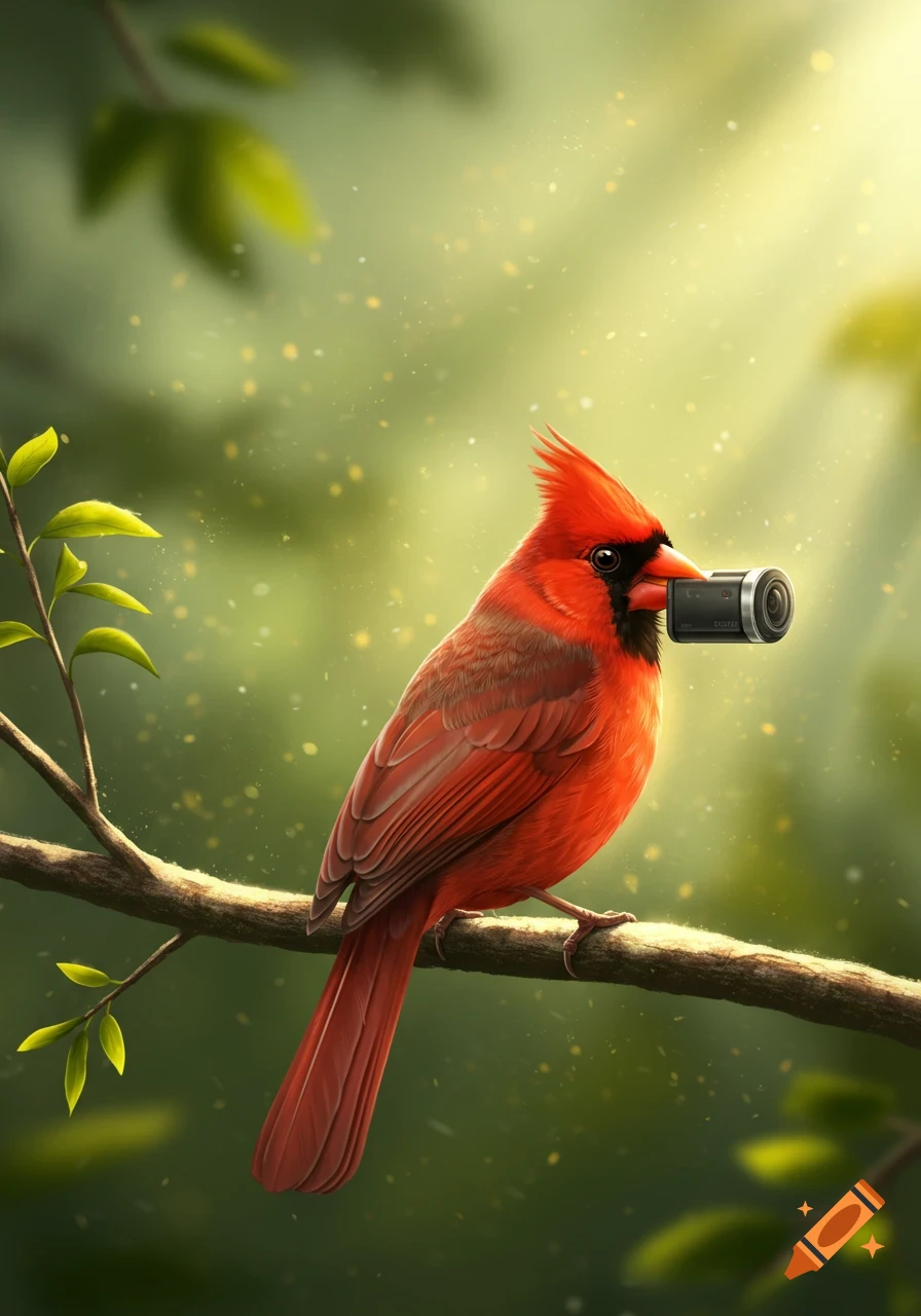 A red cardinal bird holds a small black video camera in its beak while perched on a tree branch in a sunlit forest.
