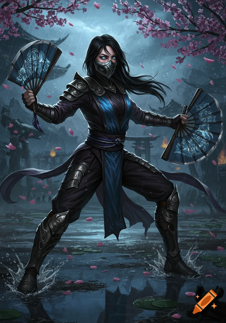 A female ninja character in blue and black armor holds two fans in a rainy, blossom-filled Asian landscape, digital art style.