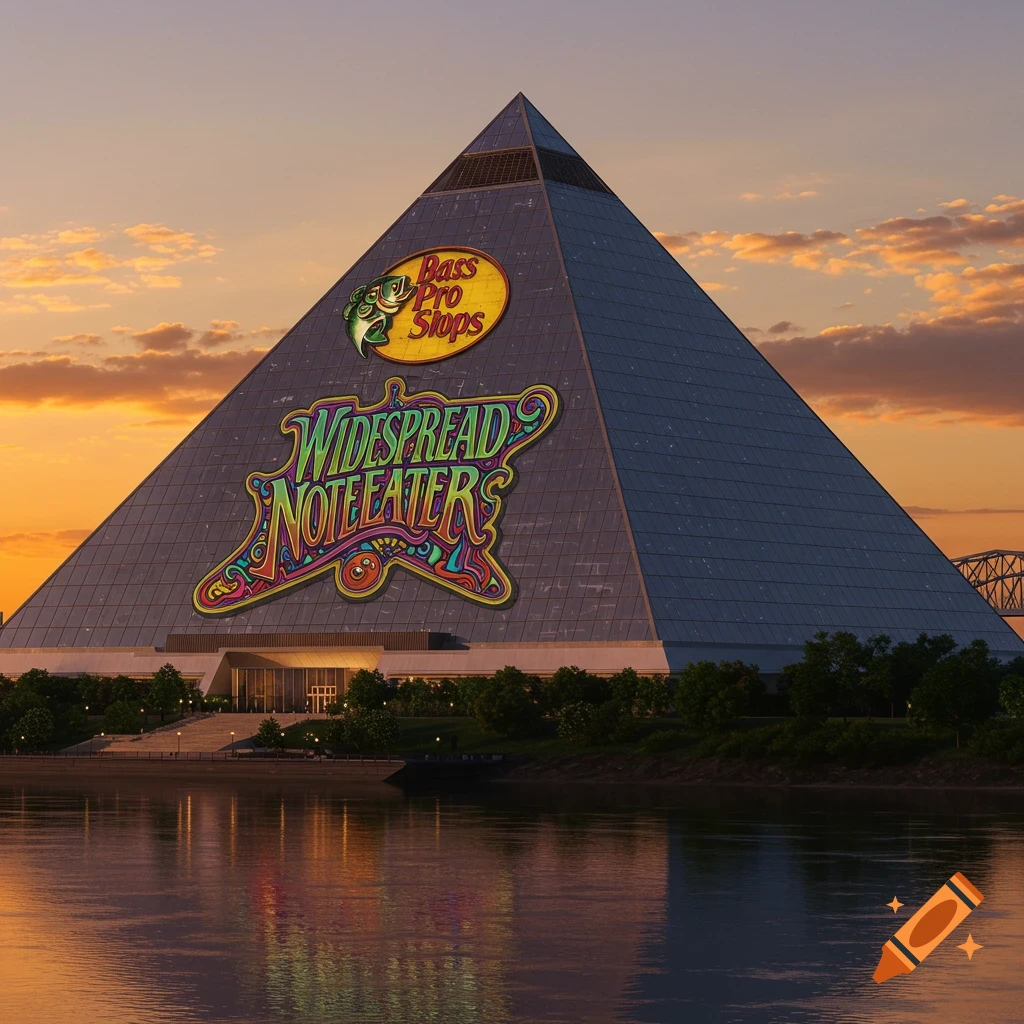 A pyramid building with 'Bass Pro Shops' and 'Widespread Note Eater' logos overlooks a river at sunset.