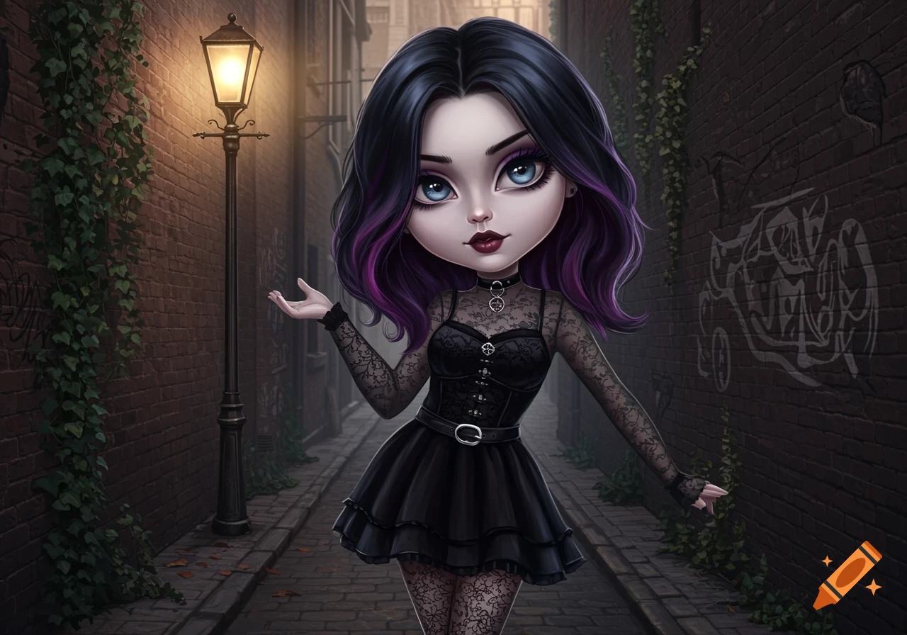 A cute, stylized goth girl with black and purple hair, large blue eyes, and a black lace dress stands in a dimly lit alley.