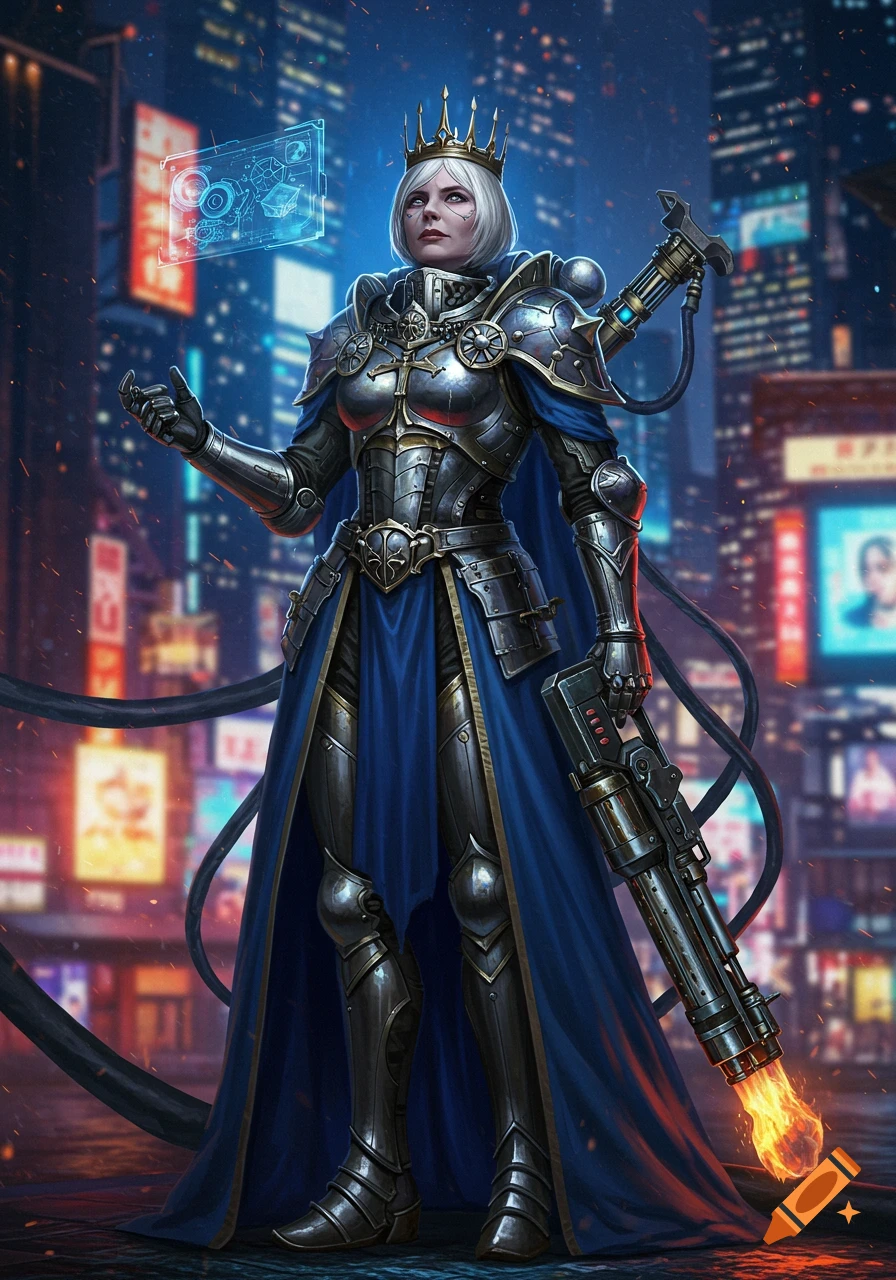 A white-haired queen in detailed silver and blue futuristic armor holds a flamethrower in a cyberpunk city.