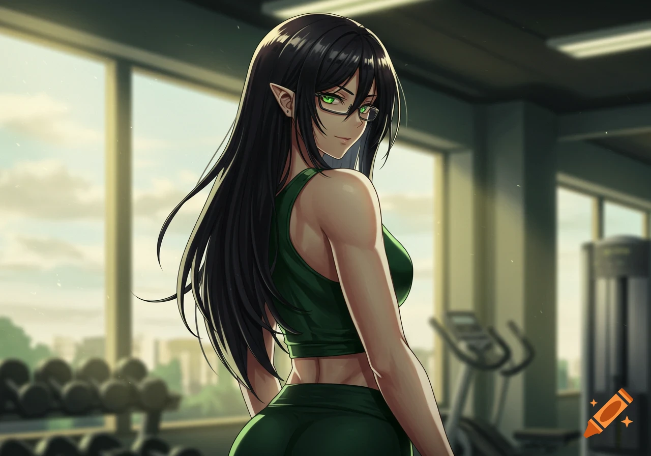 An anime girl with long black hair, green eyes, and glasses in green gym clothes looks back over her shoulder in a gym.
