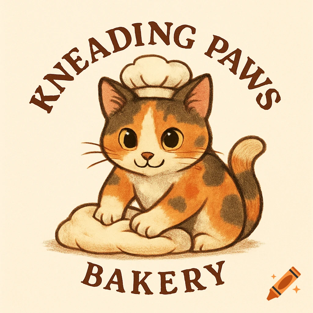 A cute calico cat wearing a chef's hat kneading dough with text 'KNEADING PAWS BAKERY' in a cartoon illustration style.