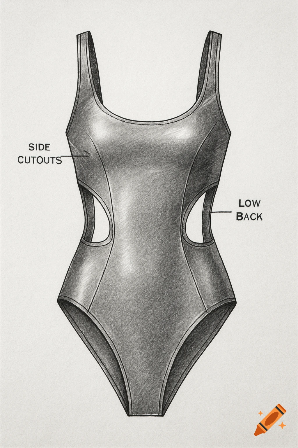 A black and white technical drawing of a one-piece swimsuit with side cutouts and a low back, labeled 'SIDE CUTOUTS' and 'LOW BACK'.