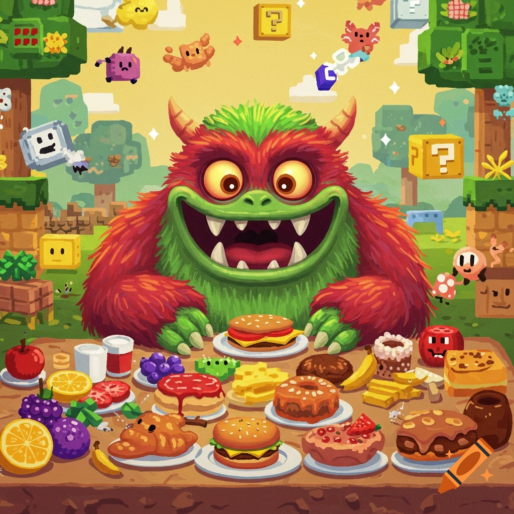 A cheerful red and green furry monster sits at a table laden with food in a vibrant, pixelated video game world with floating creatures.
