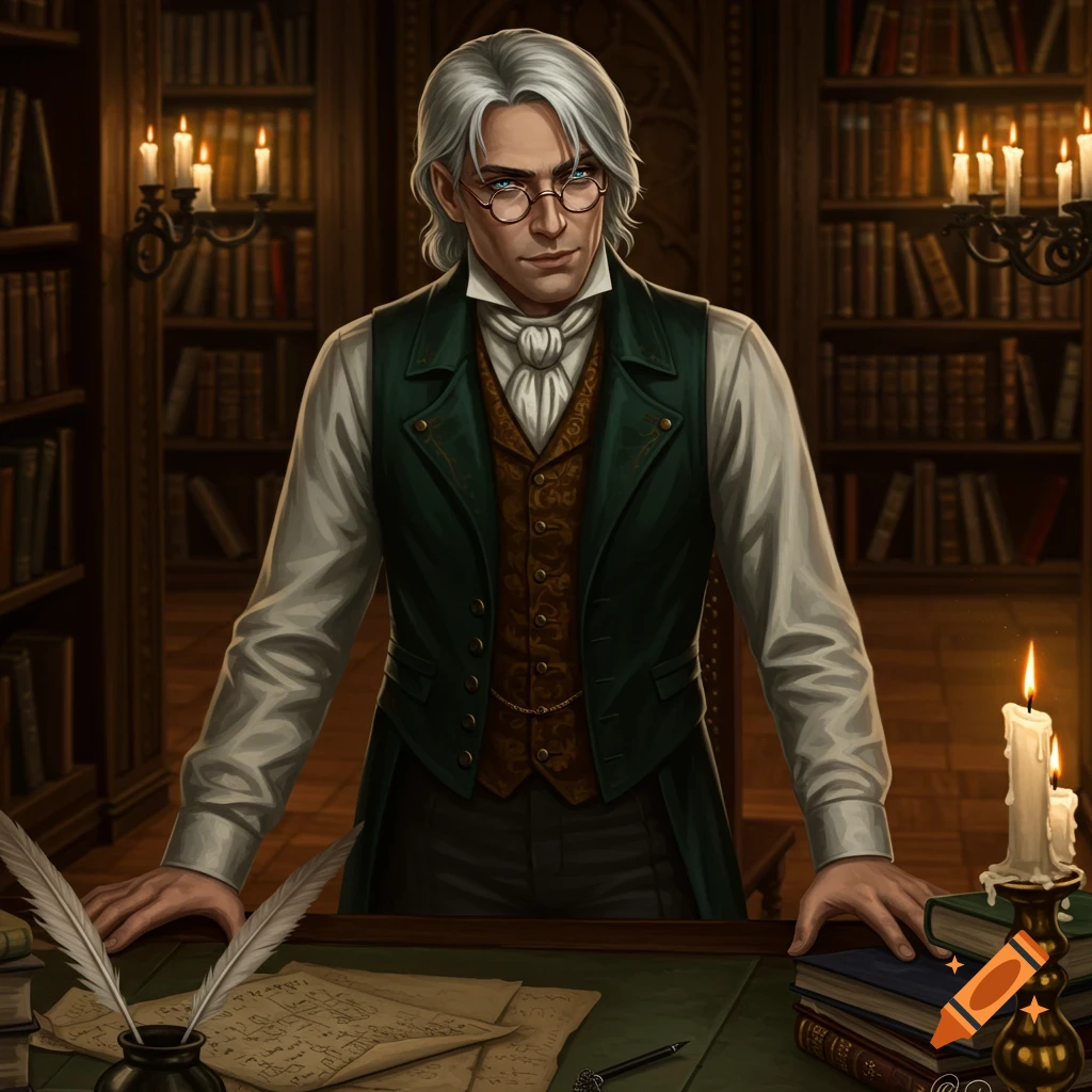 A serious man with white hair and glasses in a green vest stands at a desk with quill and papers in a library.
