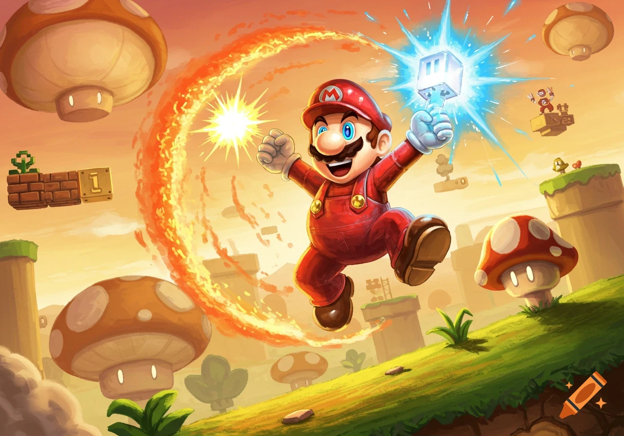 Mario leaps with a glowing power-up, surrounded by a fiery aura in a vibrant, stylized video game landscape with mushrooms and blocks.