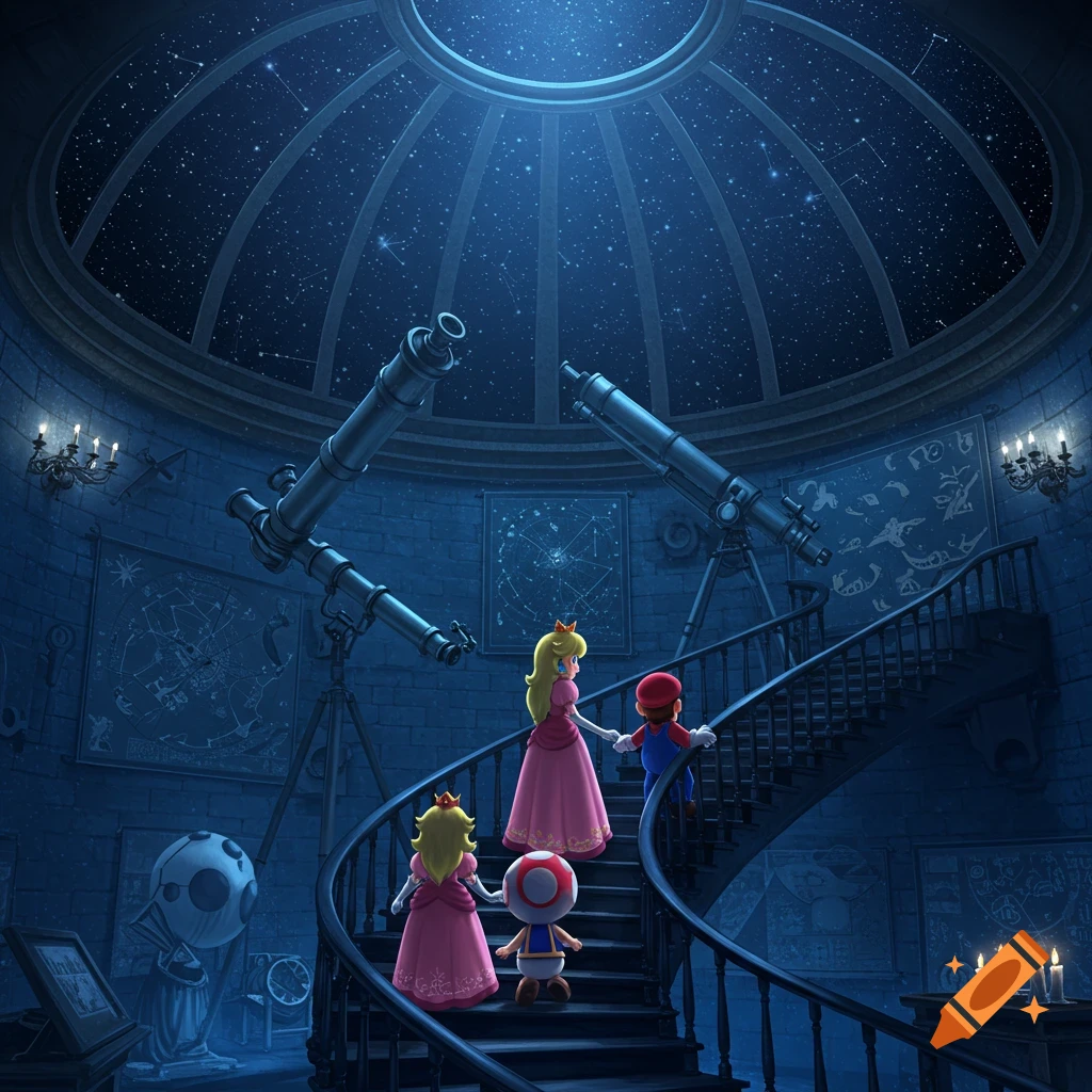 Princess Peach, Mario, and Toad explore a grand observatory filled with telescopes and star charts under a starry, domed ceiling.
